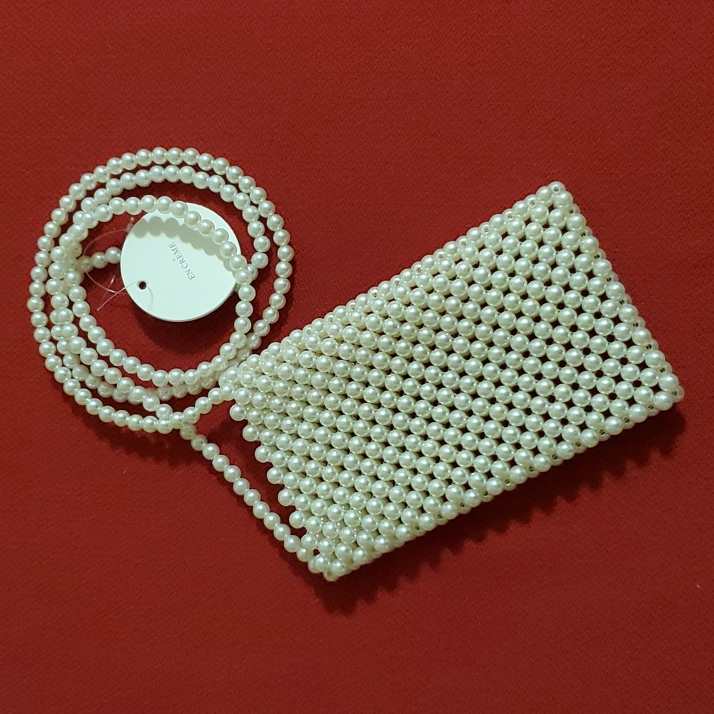 EN CREME Faux pearl beaded crossbody bag cell phone keys makeup night out party